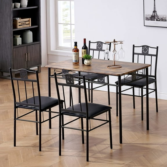 Kitchen Dining Room Table Piece Metal and Wood Rectangular Breakfast Nook, Dinette with Chairs
