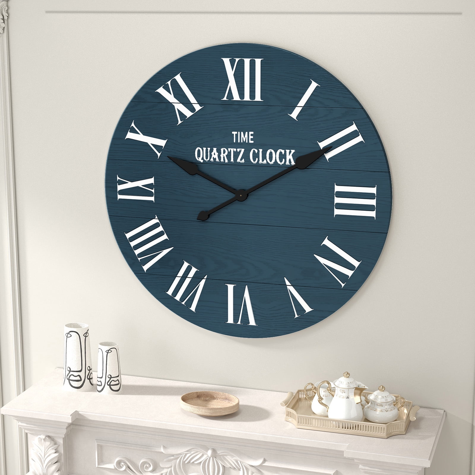 HLR 35.5” Farmhouse Large Shiplap Round Wall Clock with Roman Numeral for Living Room Decor, Navy Blue