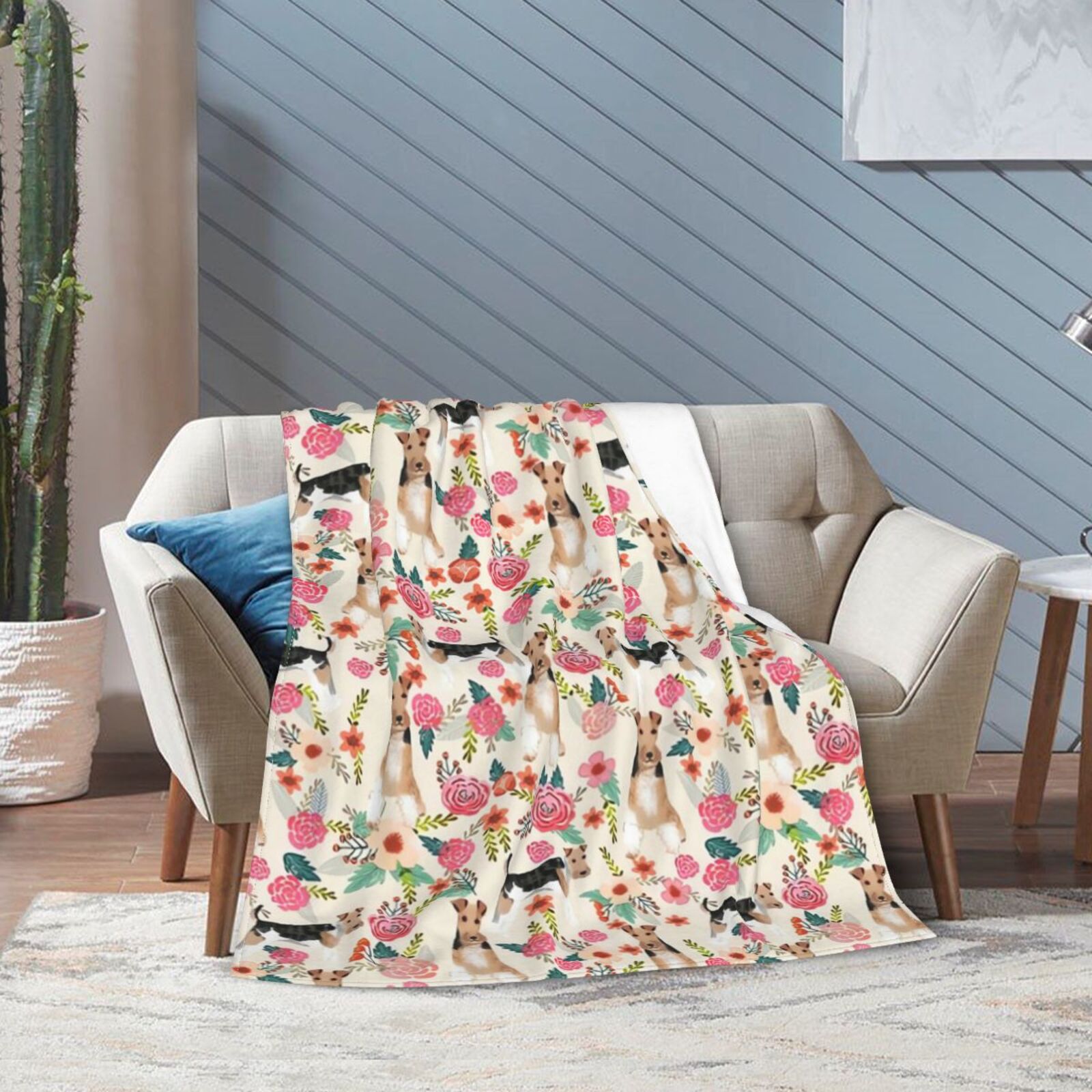 Wijzvio Wire Fox Terrier Dogs Lovers Flower Floral Throw Blanket Soft Fuzzy Fleece Blanket For Couch Bed Living Room Decoration 60"X50"