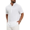 thumbnail image 4 of Men's Henley Shirt Solid Color Stand Collar Short Sleeve Linen Shirt XL White, 4 of 5