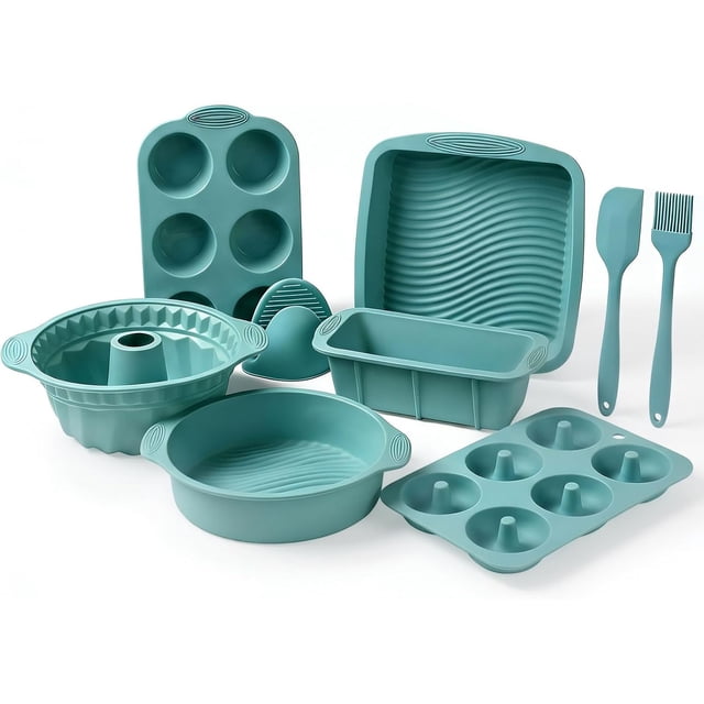 Juego de 9 Silicona Antiadherente para Hornear, Juego de Silicona para Hornear con Bandeja de Horno, Molde de Silicona para Tartas, Molde para Donuts, Cepillos, Rasquetas y Guantes de Horno