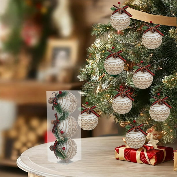 Herunwer Christmas Plaid Ball Ornaments - Black & Red Buffalo Plaid Fabric Ball Ornaments with Pine Cones and Greenery, Plaid Christmas Tree Hanging Balls Ornament