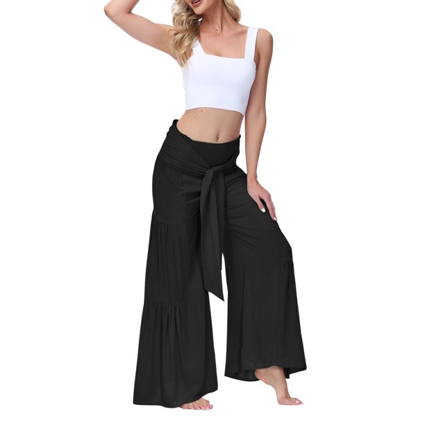 SAYOO Pantalones de Pierna Ancha para Mujer, Casual, Sueltos, de Color sólido, Cintura Fruncida, Vendaje, Cintura Elástica, Pantalones Femeninos SAYOO Moda