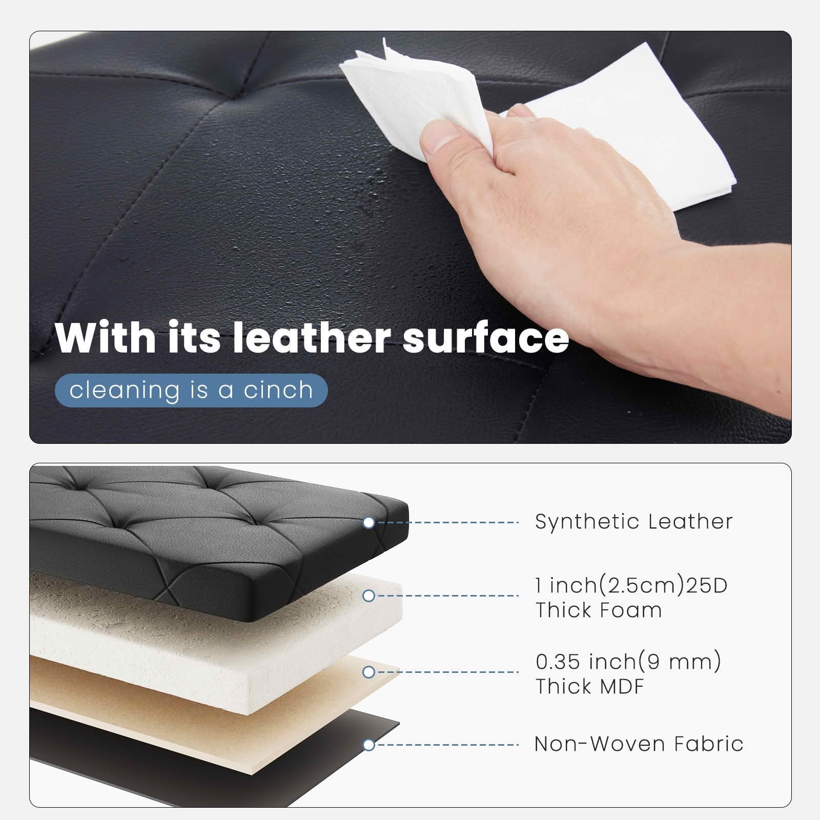 MAYEERTY 43in Foldable Storage Ottoman Foot Rest Stool Synthetic Leather Thicker Foam Seat