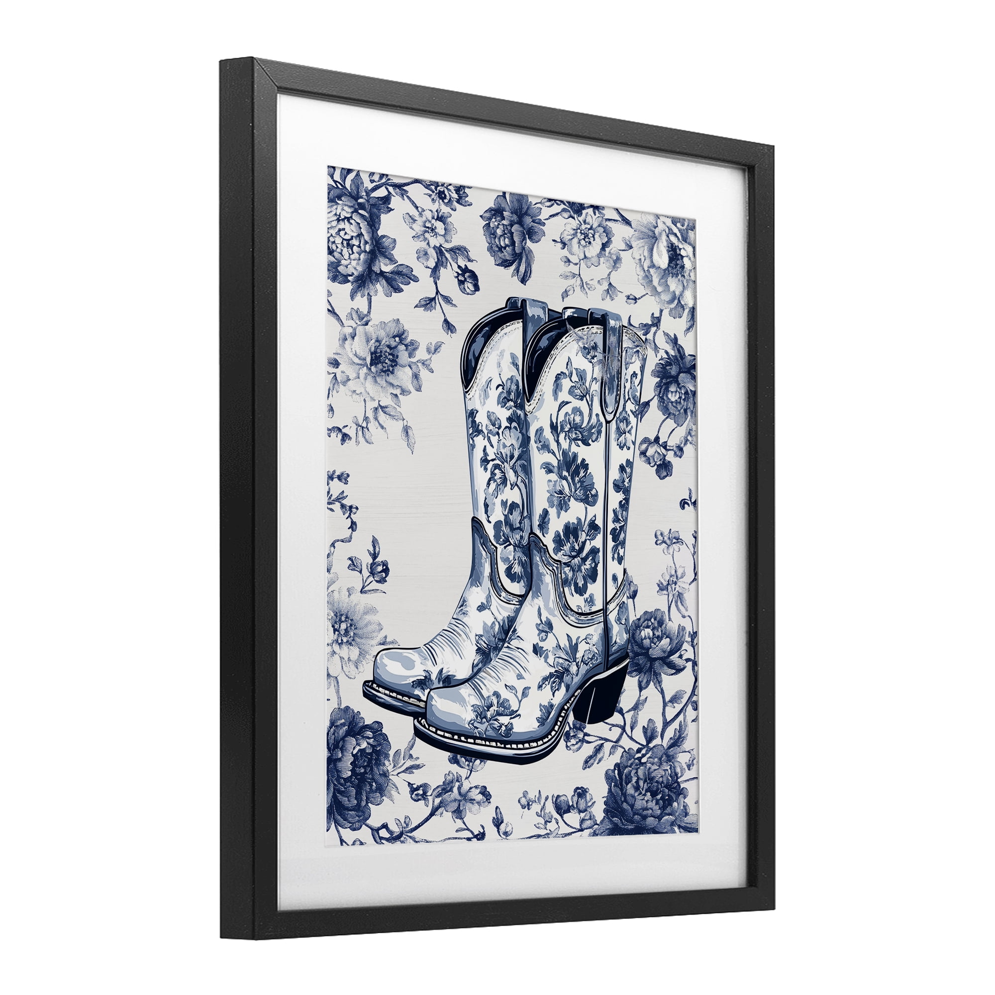 Blue Spring Florals & Boots Black Framed Print Under Glass, design by Lettered and Lined