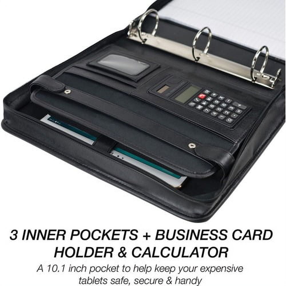 Samsill Sterling Zipper Binder Portfolio Letter - 8 1/2" x 11" Sheet Size - 3 x Round Ring Fastener(s) - 2" Fastener Capacity for Folder - 2 Exterior, Internal Pocket(s) - Vinyl, Leather - Black - 5.2