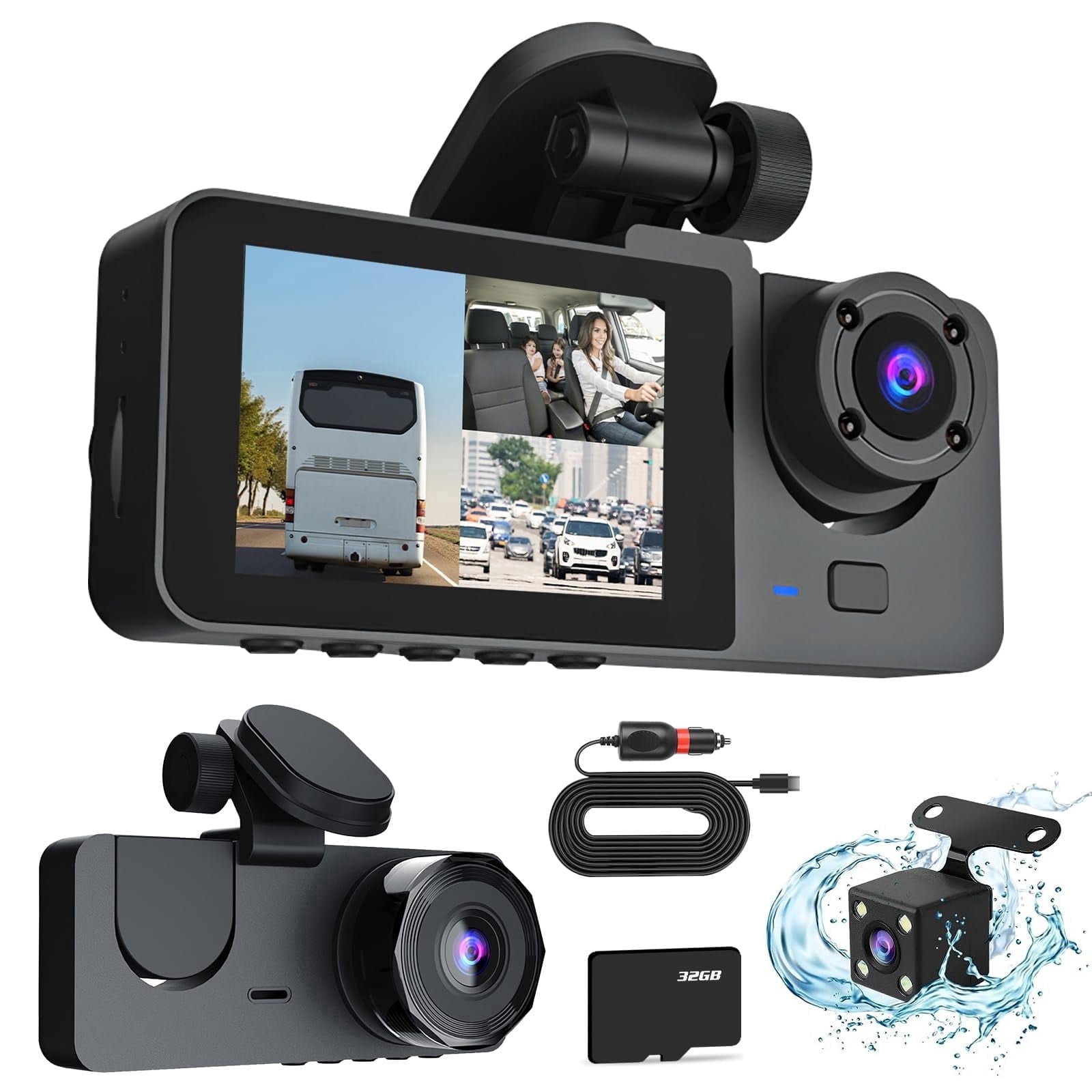 3 Channel Dash Camera Front and Rear Inside,1080P HD Car DVR Dash Cam Video Recorder with 32G MMC Card,Built-in Super Night Vision,G Sensor Motion Detection,WDR,24H Parking Mode,Loop Recording