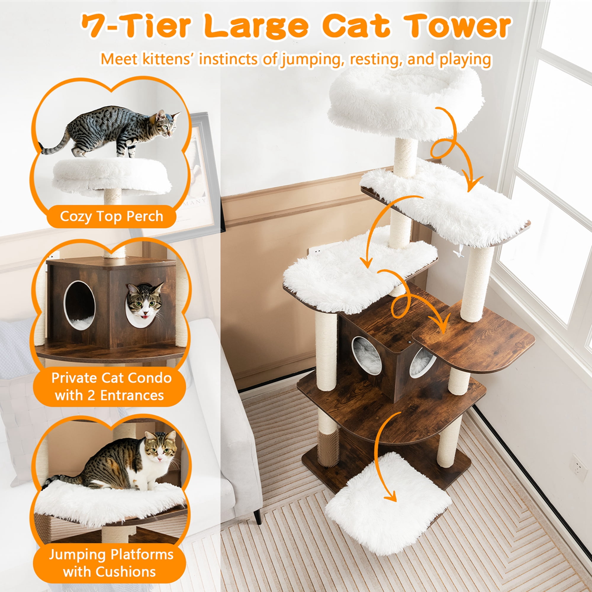 Costway Wooden Cat Tree 71'' 7-Layer Cat Tower with Sisal Scratching Posts Perch & Cushions Brown