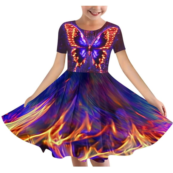 QIPOPIQ Girl's Summer Van Gogh Art 3D Print Crewneck Short Sleeve T-Shirt Swing Dress Clearance