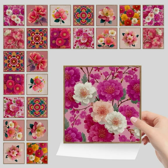 24Pcs Modern Decor Flower Tiles Wall Stickers 4 x 4in DIY Decals Mural Self Adhesive Waterproof Kitchen Backsplash Peel and Stick PVC Tile