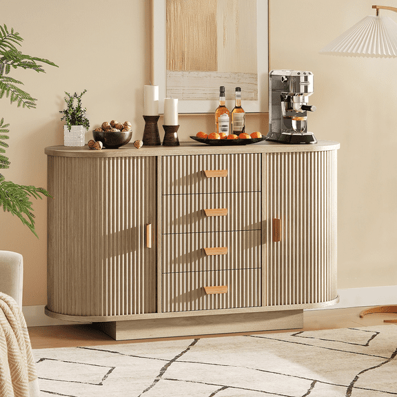 Modern Fluted Sideboard Buffet Cabinet, 47" Storage Console with 4 Drawers & 2 Arched Sliding Doors, Multi-Functional Coffee Bar Furniture, Wooden Particle & Density Board