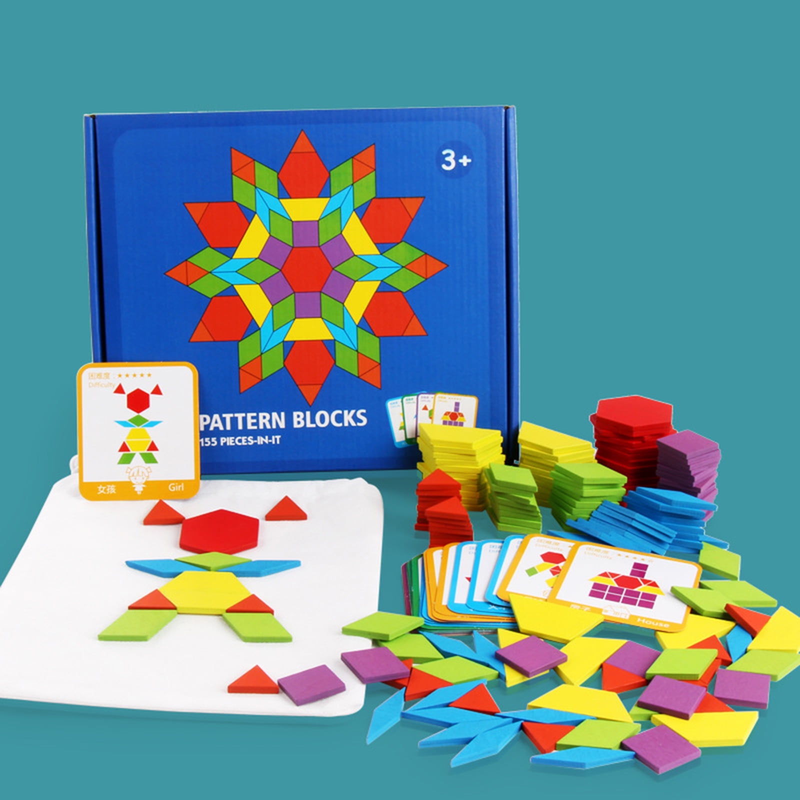 Wooden Pattern Blocks Tangram Puzzle Set Geometric Shape Building Blocks Kids STEM Shape Sorting Game Early Educational Brain Teaser Toy for Preschool Learning