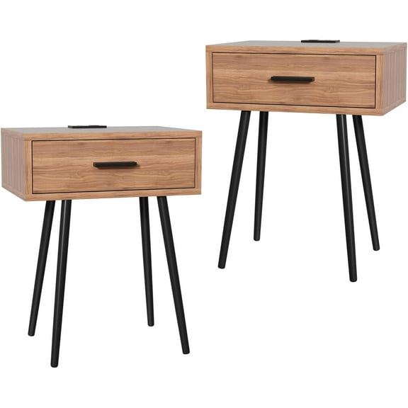 Hyxoo 2 SET Nightstand with Charging Port and Wooden Drawers - Perfect for Small Side Table, Night Stand Night Stand - Walnut End Table, Dresser for Bedroom, Living Room, Dorm-2-Light Brown