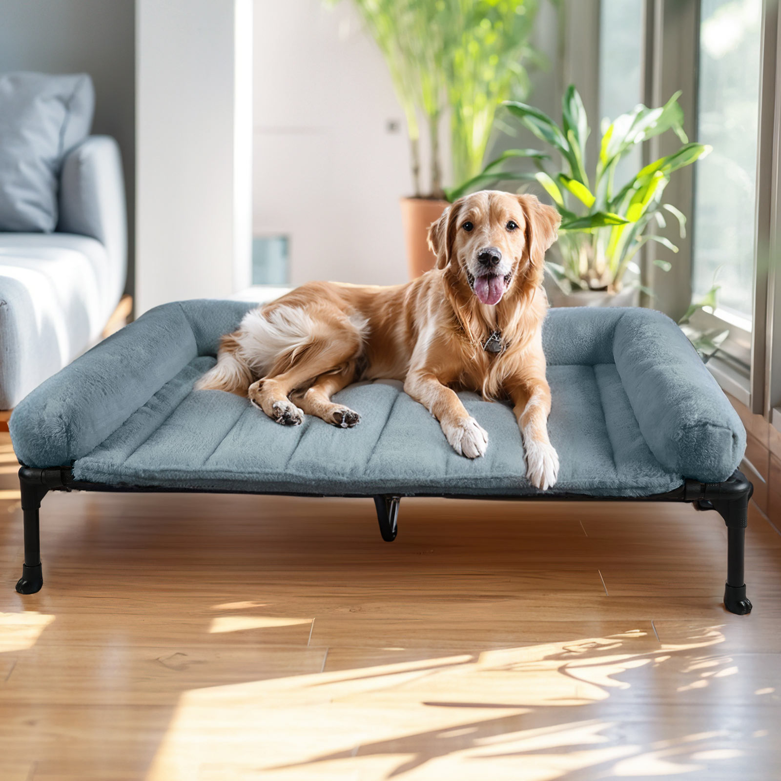 Veehoo Cooling Elevated Dog Bed with Fluffy Plush Bolster Cushion, 49 x 33 inches, XLarge, Haze Blue