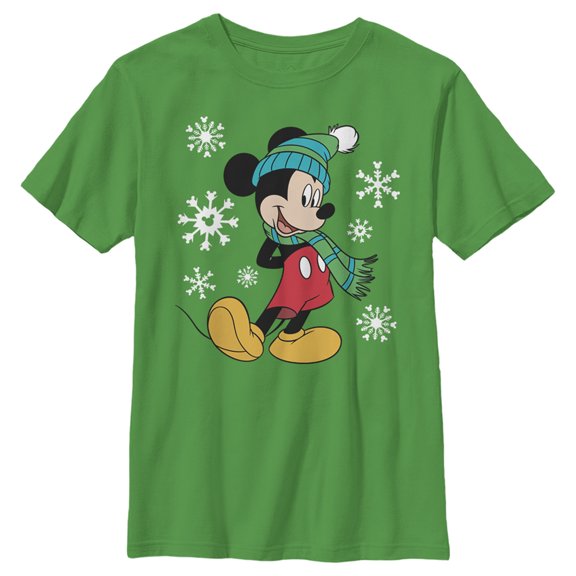 Boy's Mickey & Friends Winter Snowflakes Mickey  Graphic Tee Kelly Green Medium
