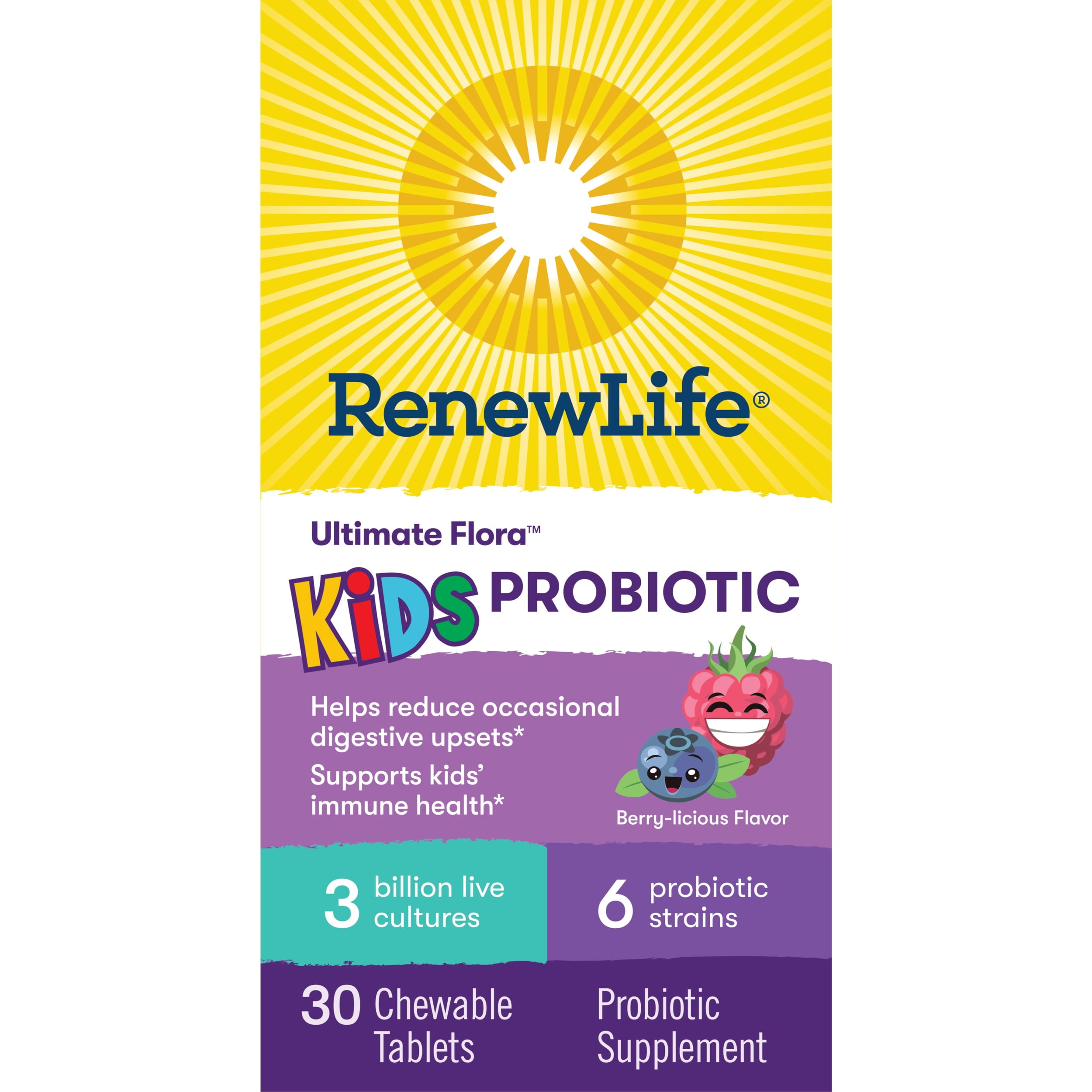 Renew Life Ultimate Flora Kids Probiotic, Natural Berry Flavor, 3 Billion CFU, 30 Chewable Tabs