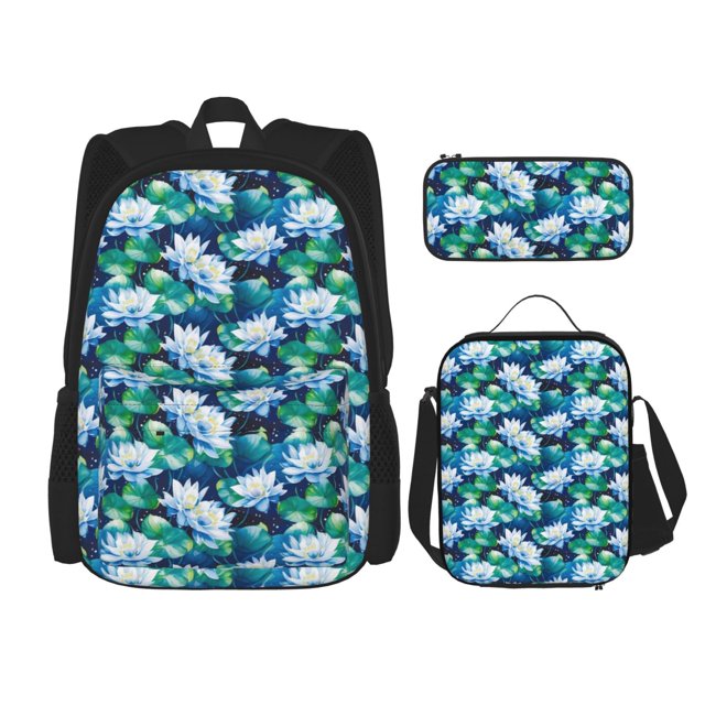 Easygdp Blue Lotus Flower Mochila para Niños y Niñas con Set de Caja de Almuerzo y Estuche para Lápices 3 en 1, Mochila Escolar Estampada para Adolescentes
