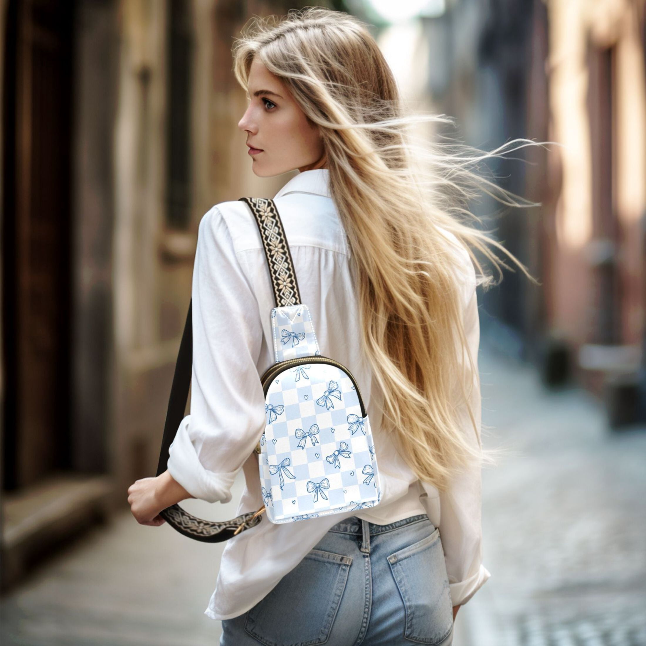 ALAZA Blue Bow Checkered Sling Bag for Women Men Waterproof Crossbody Chest Bags