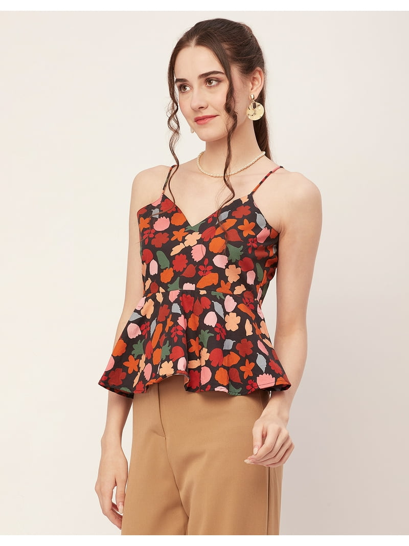 Moomaya Printed Peplum Tops For Women, Noodle Strap Blouse Top W