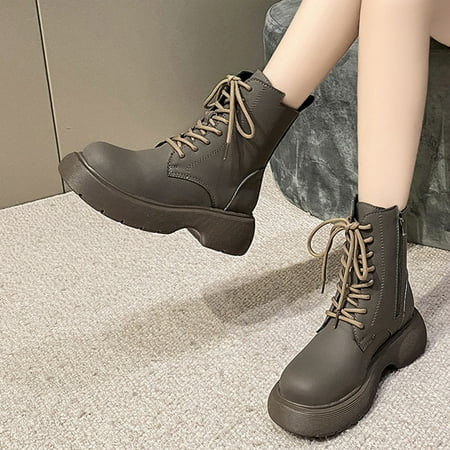 

VKEKIEO Girls Ankle Boots Round Toe Mid Heel Walking Shoes Buckle Gray Fall Boots