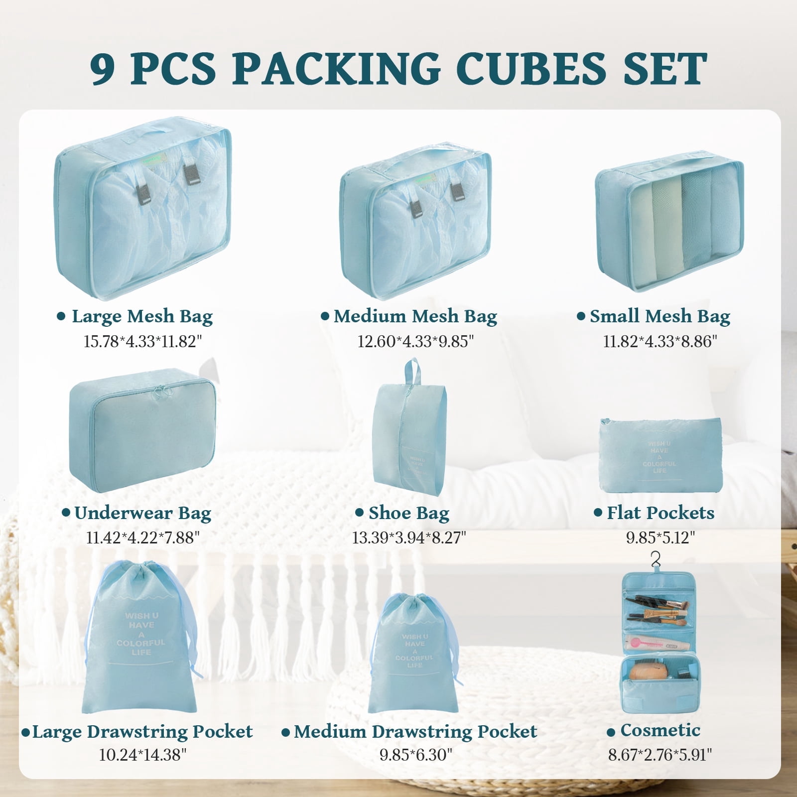 9-Piece Light Blue Travel Packing Cubes Set - Large Capacity, Waterproof & Breathable for Organized Trips