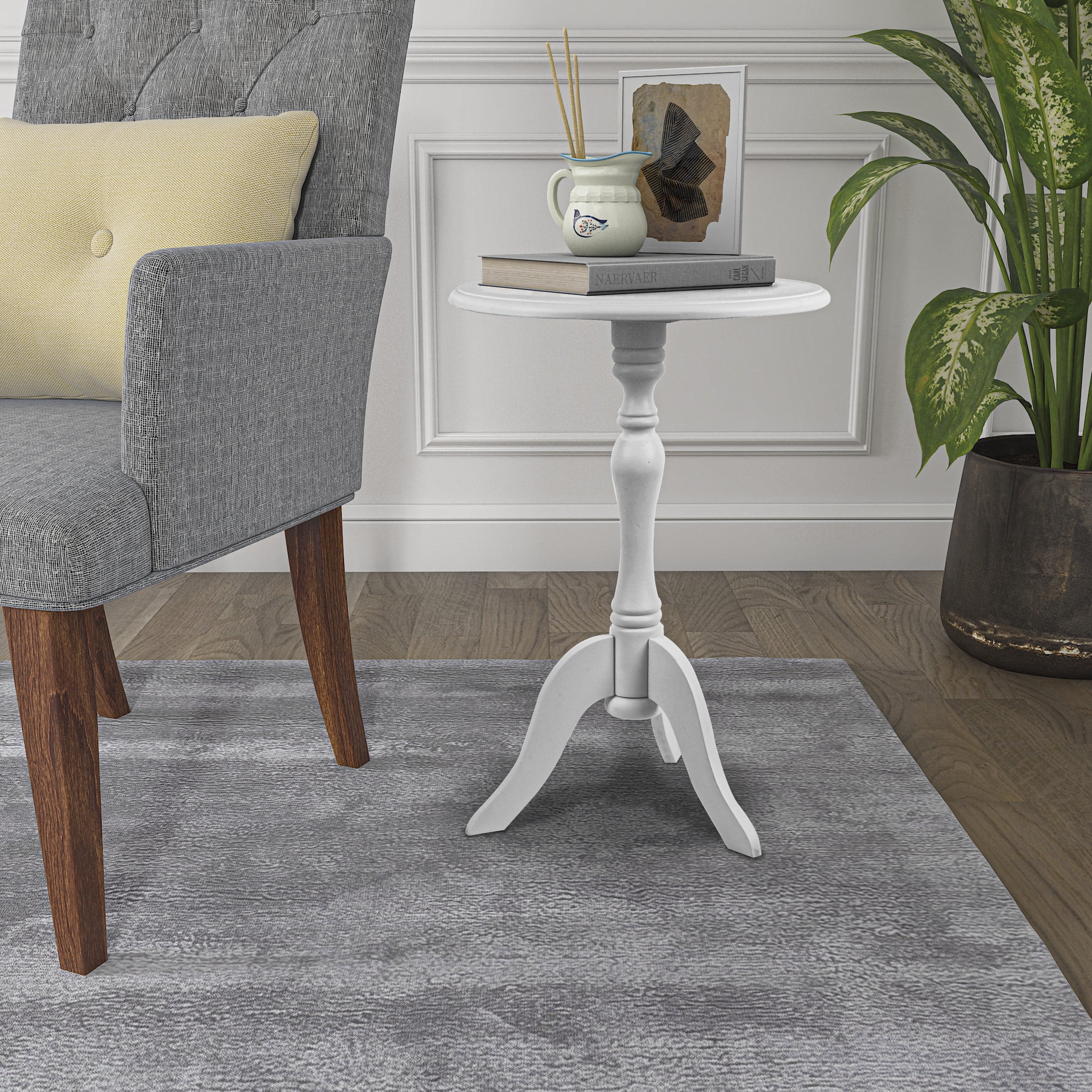 Decor Therapy Simplify Round Pedestal Accent Table in White Wood Finish, 24x15 Inches
