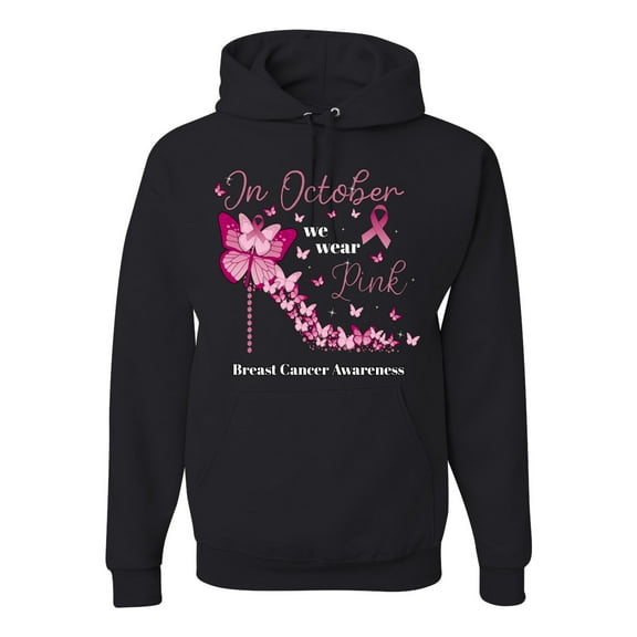 Wild Bobby In October We Wear Pink Diamond Heel Breast Cancer Awareness Unisex Hoodie Sweatshirt, Black, Small
