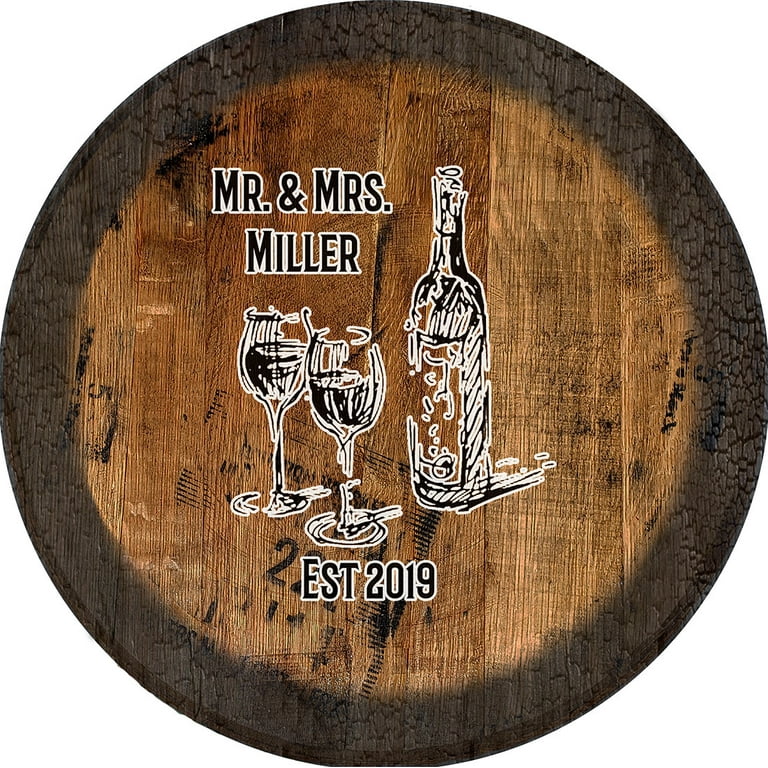 Rustic Farmhouse Wine Glasses Mr Mrs Wine Sign Large Oak Whiskey Barrel Wood