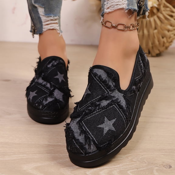 Norvail Womens Platform Wedge Denim Casual Shoes, Lightweight Summer Blue Jean Slip On Sneakers for Vacation Beach Daily Wear, Comfortable Thick Sole Walking Shoes
