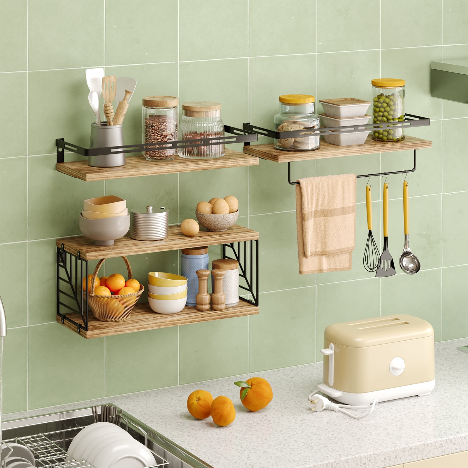 Fairy 4pcs Bathroom Floating Shelves Over Toilet, Wall Shelves with Towel Bar for Bathroom, Living Room (Light Brown)