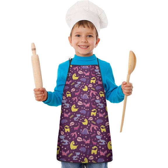 Purple Dinosaurs Dino Roar Pattern Kids Aprons for Girls and Boys,Adjustable Neck Strap Toddler Aprons for Kids Cooking Baking