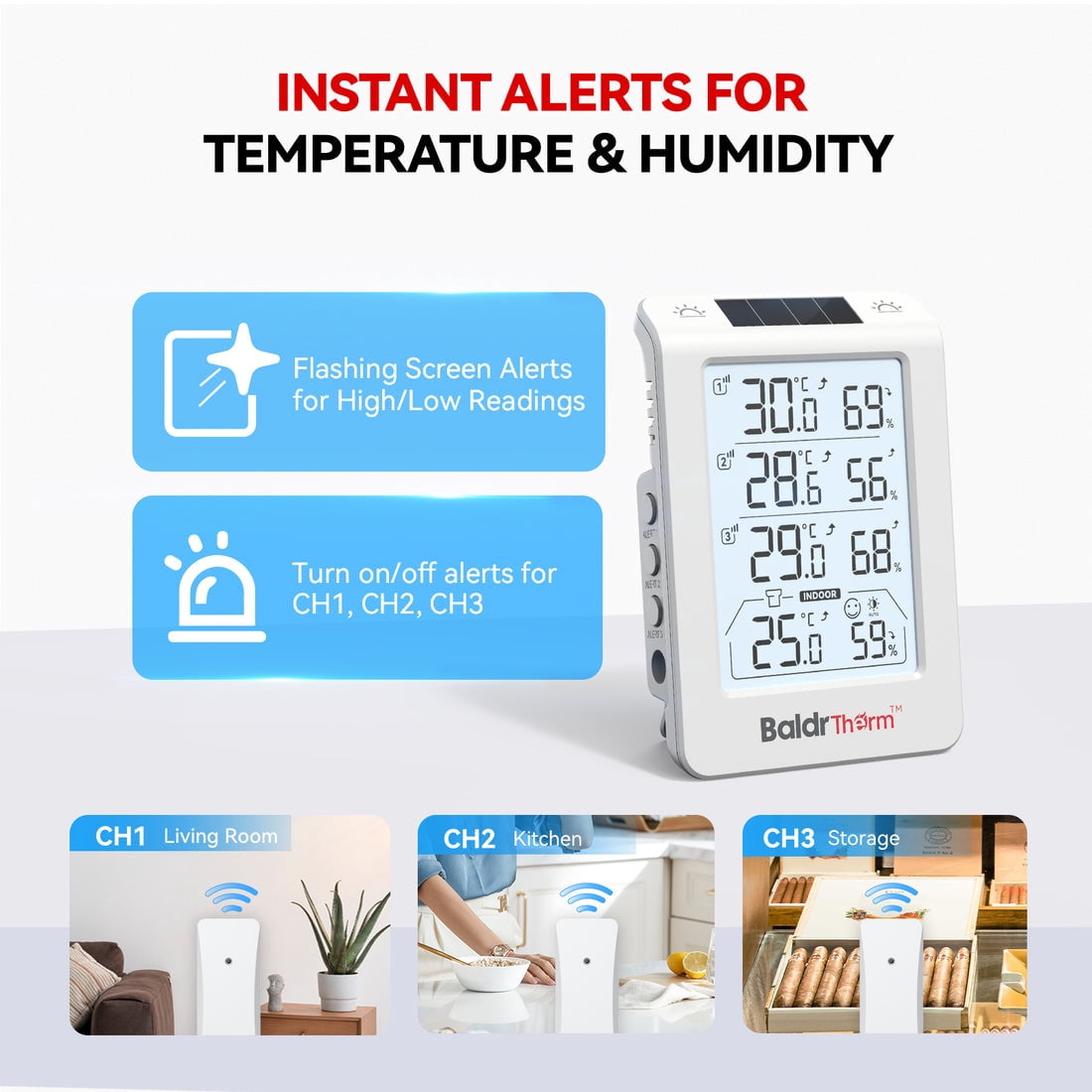 BaldrTherm Three Channel Thermo-Hygrometer, Wireless Temperature & Humidity Monitor, 3 Sensors Included