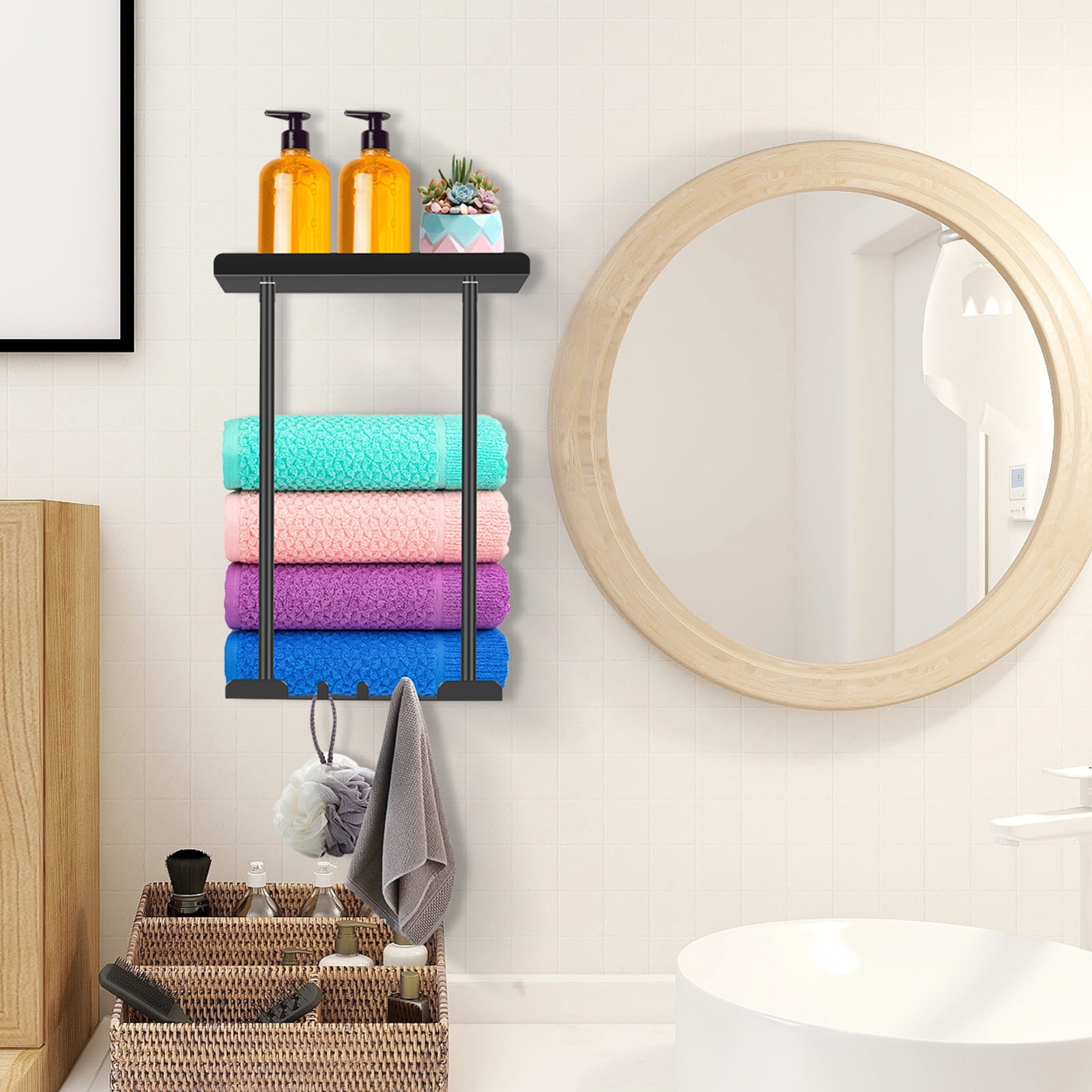 PHANCIR Retractable Wall-Mounted Towel Rack for Bathroom, Metal Towel Holder with Shelf & Hooks, Storage for Bath Towels & Hand Towel, Black