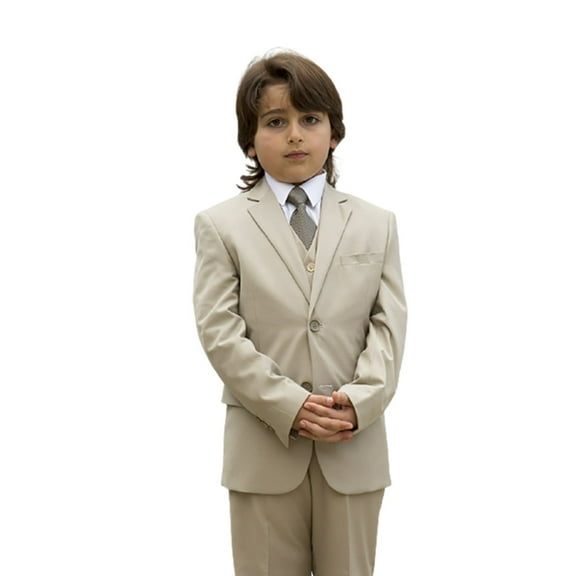 B-100 Tan 5pc Suit Shirt, Bowtie & Vest For Kids By Alberto Nardoni Brand Designer