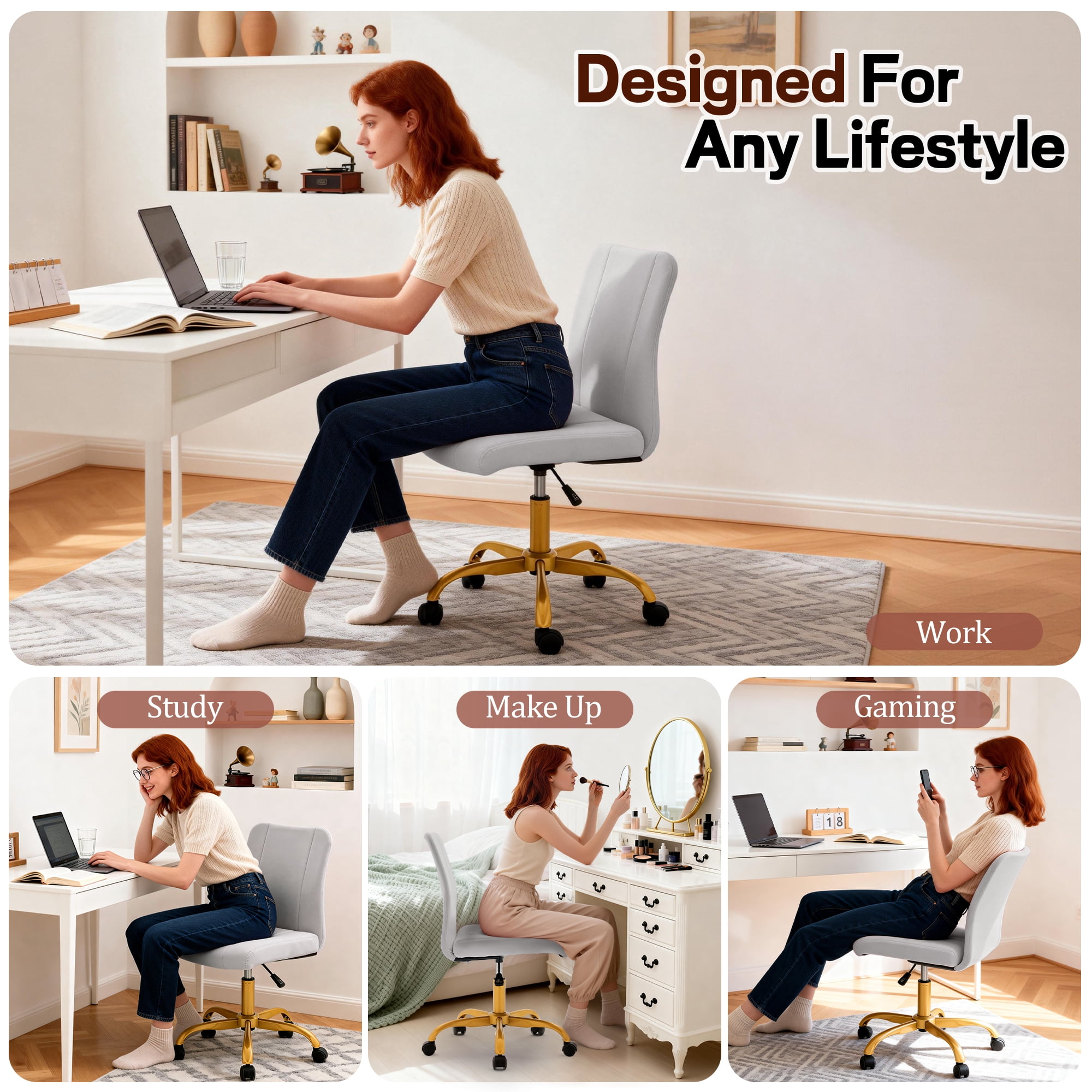 Korser Armless Home Office Desk Chair with Back Modern Vanity Chair with Adjustable Height,360° Swivel Task Chair,Velvet,Grey