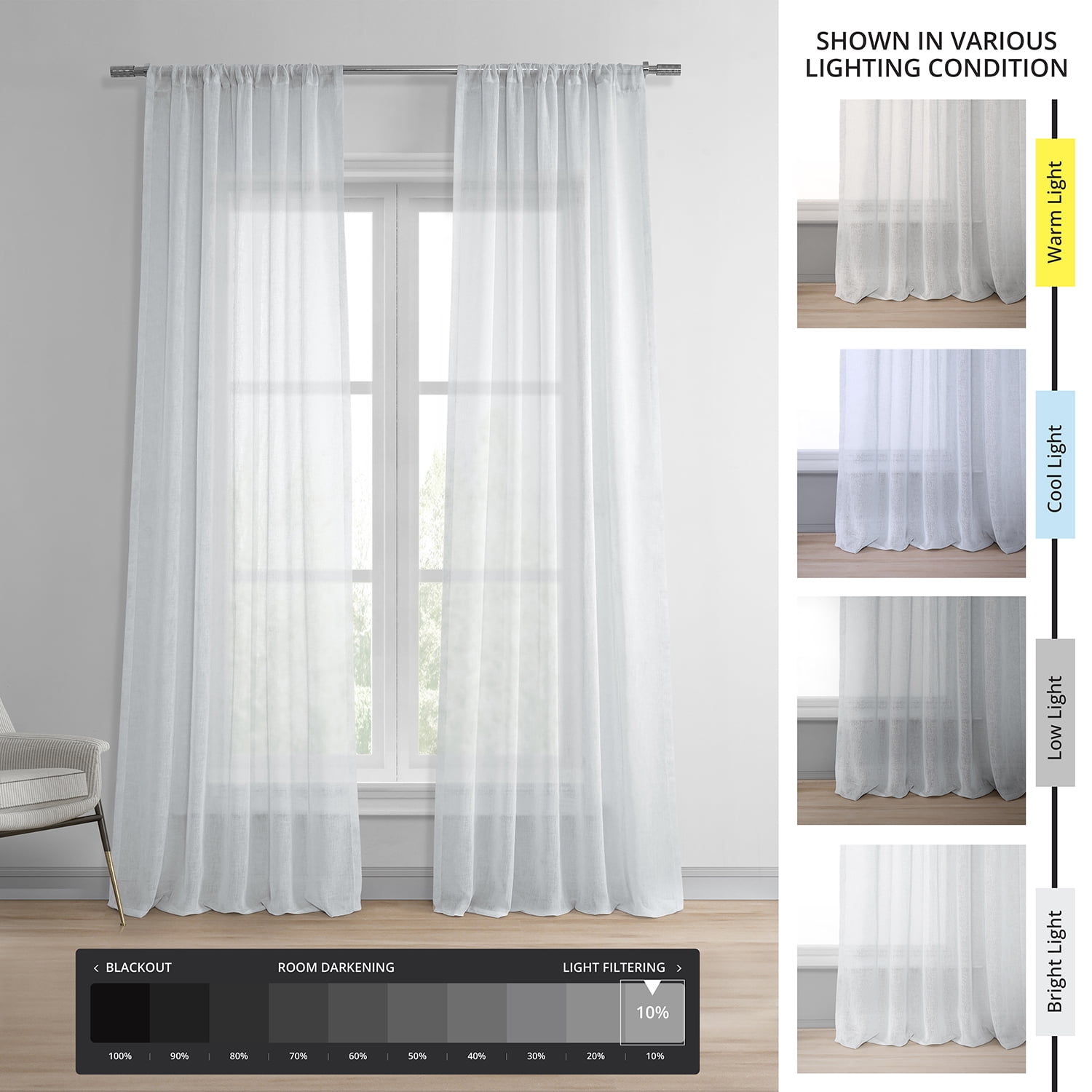 Aspen White Solid Faux Linen Sheer Curtain (1 Panel), Aspen White, 50W X 108L