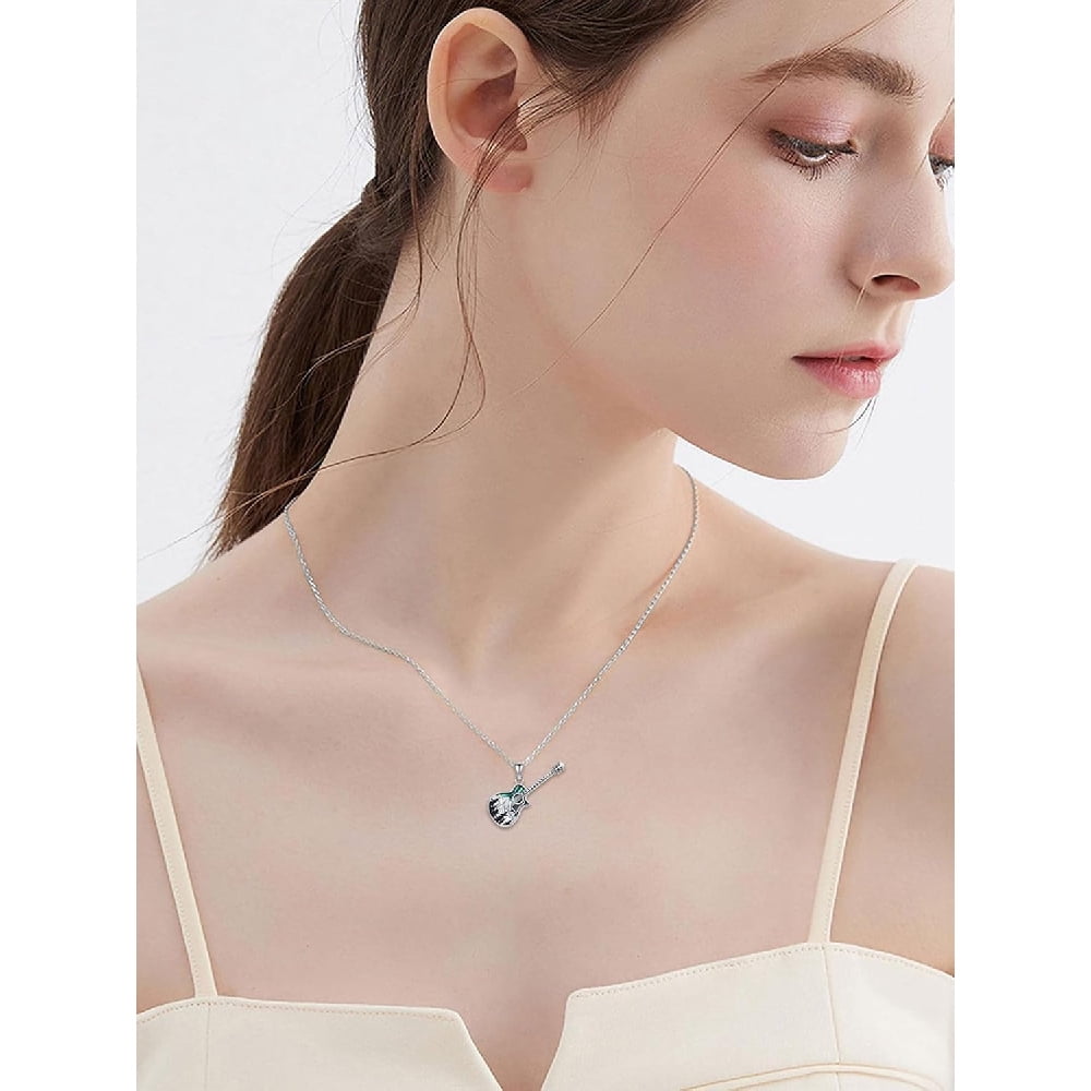 CACA LADY Guitar Necklace Mountain Necklace Sterling Silver Abalone Guitar Pendant Gifts for Guitar Holder Guitar with Music Note Pendant Jewelry Guitar Gift for Guitar Players Lovers Music Jewelry f