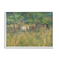 Cattle Grazing Grassland Pasture Landscape Painting White Framed Art Print Wall Art