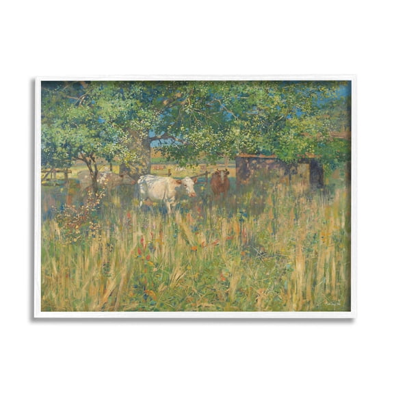 Cattle Grazing Grassland Pasture Landscape Painting White Framed Art Print Wall Art