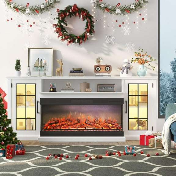 Danolapsi 75Inch 3 Sided Glass Fireplace TV Stand for TVs Up to 85" Rustic Media Console with LED Lights Glass Door Storage Distressed White Entertainment Center