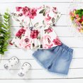 thumbnail image 4 of Kucnuzki 3T Toddler Girls Summer Outfits 4T Toddler Girls Clothes Sets Ruflle Short Sleeves Pullover Top Floral T-shirt Ripped Denim Shorts Sets 2pcs White, 4 of 9