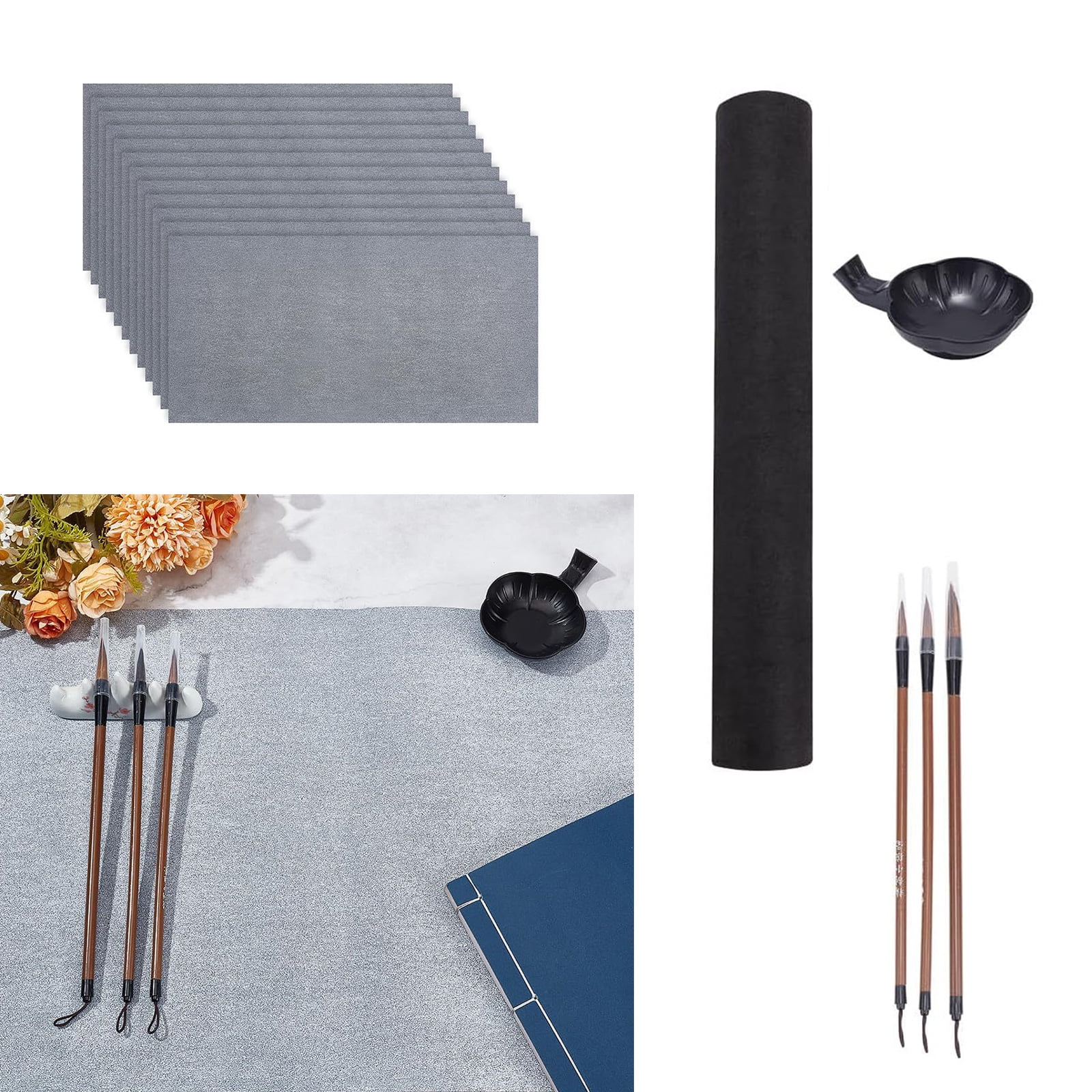16Pieces Portable Set with 12 Water Writing Cloth 3 Handle Brushes and Inks Tray for Beginner Adult