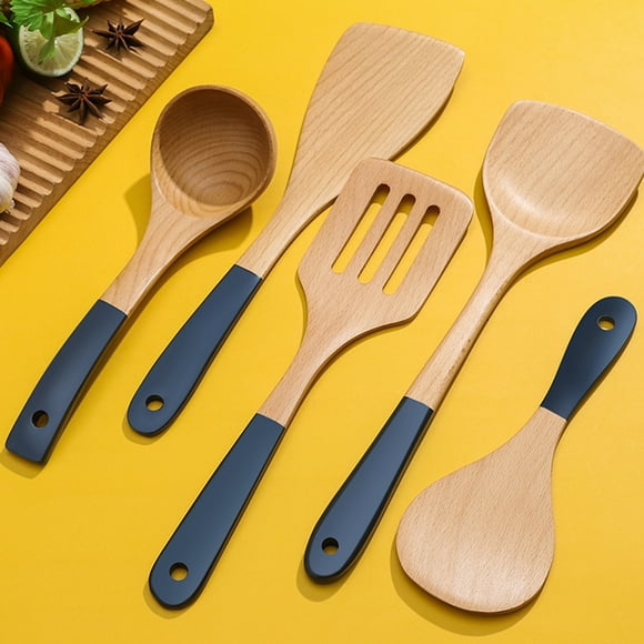 Koszal Spatule Frite Longue Poignée Résistant à la Chaleur Antiadhésif Hêtre en Bois Cuisson Spatule de Riz Cuillère à Soupe pour la Cuisine