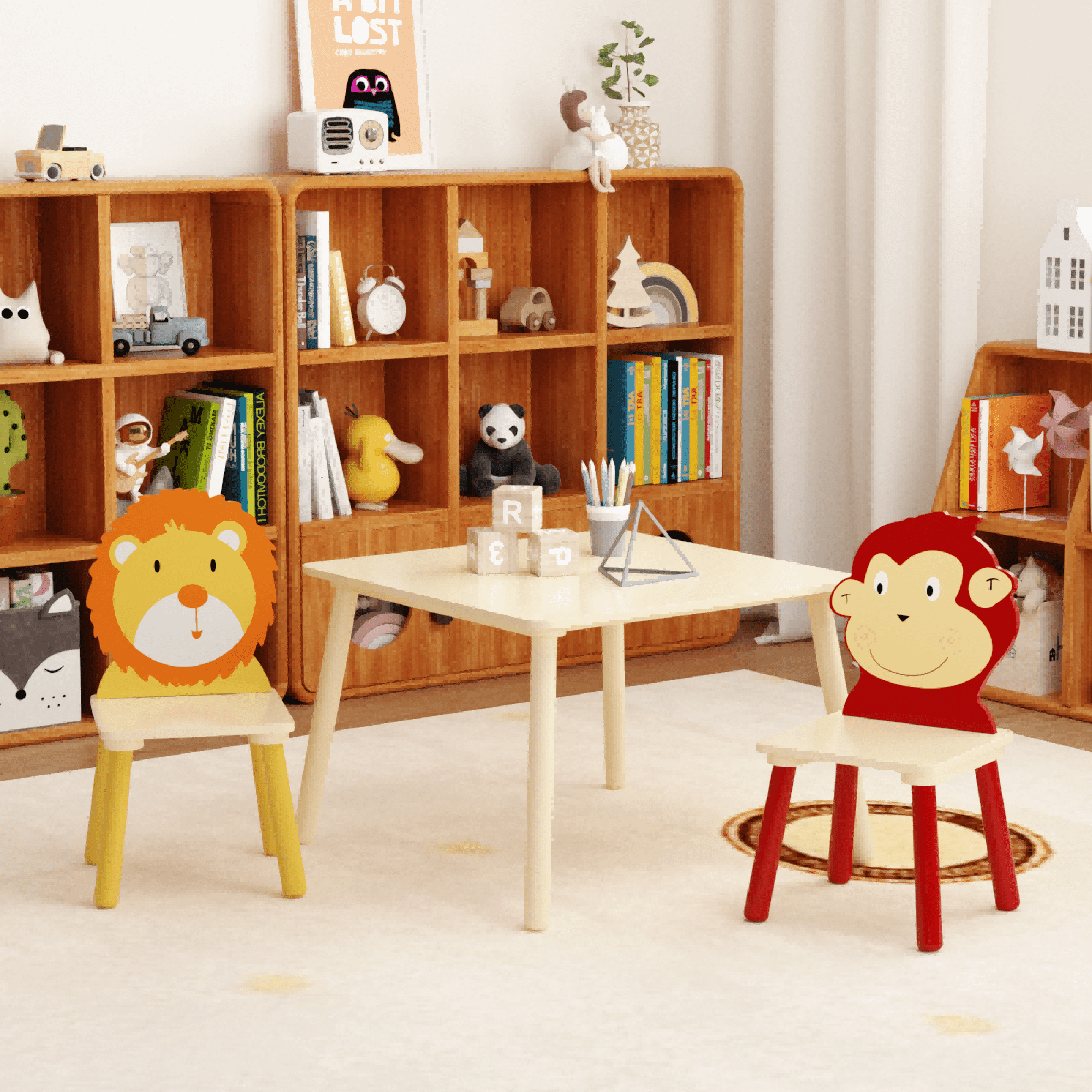 Kids Table and 2 Chairs Set, Wood Children Activity Table, Animals Chairs for Reading, Drawing, Kids Tables for Daycare, Kindergarten, Home