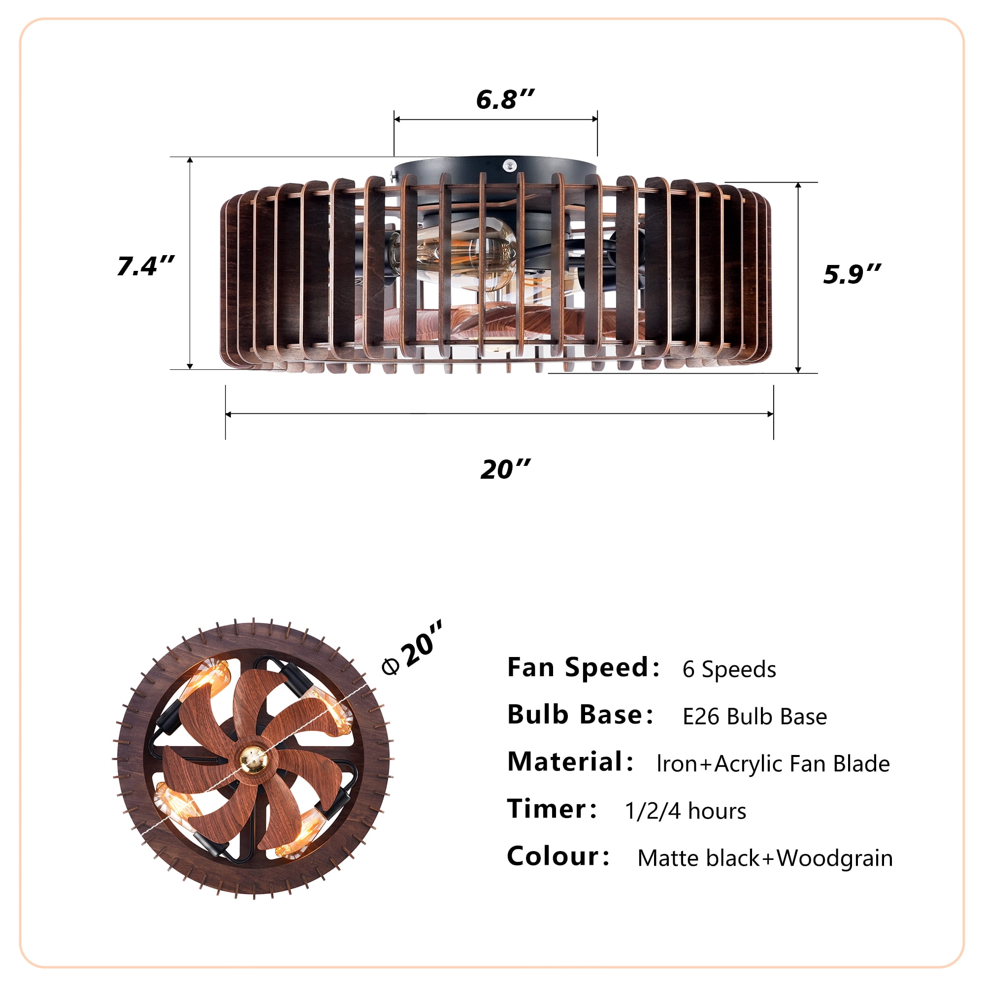 20" Modern Flush Mount Fan Light,Ceiling Fans with Lights and Remote Control, 6 Speeds, Quiet DC Motor For Living Room, Bedroom, Kitchen, Wood (No Included Bulbs)