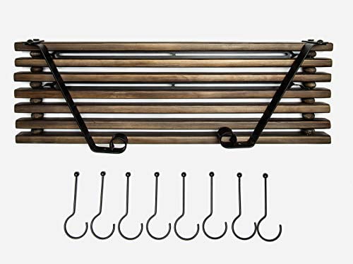 Soduku Pot Pan Rack with Solid Wood Shelf Wall Mounted Multifunctional Kitchen Hanging Organizer with 8 Hooks for Pots Pans Lids Utensils Cookware Wood