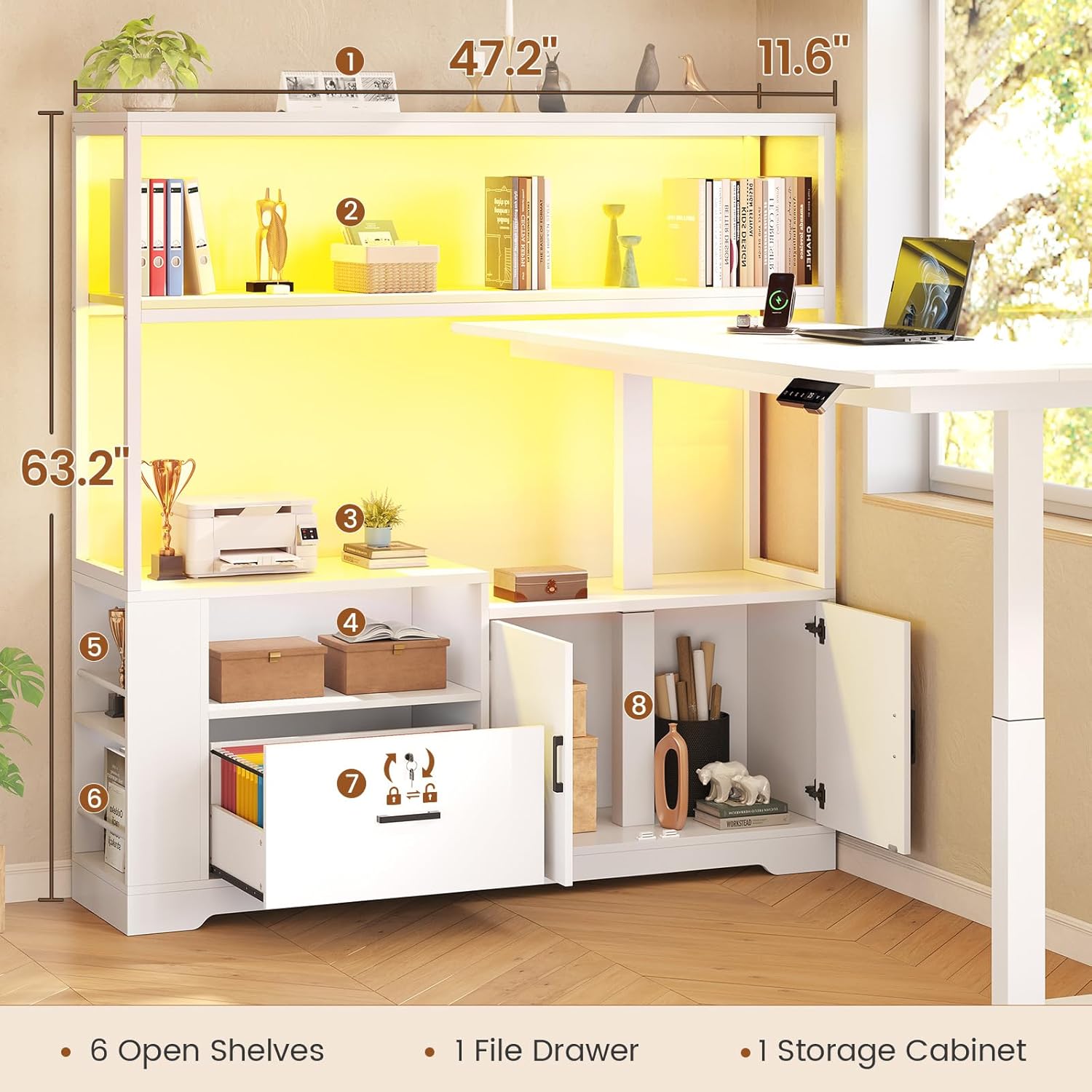 SEDETA 29.5"~48.6"H L Shaped Standing Desk with Storage, Electric Adjustable Height Home Office Desk, Large PC Workstation with Power Outlet, Corner Computer Desk with 23.1"D Spacious Desktop, White