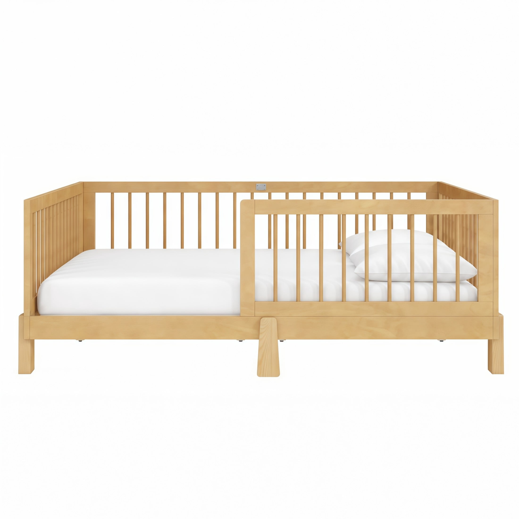 GDF Studio Rolley Full-Size 3-in-1 Convertible Montessori Floor Bed with Guardrails, Pine Wood Kids Bed Frame, Natural