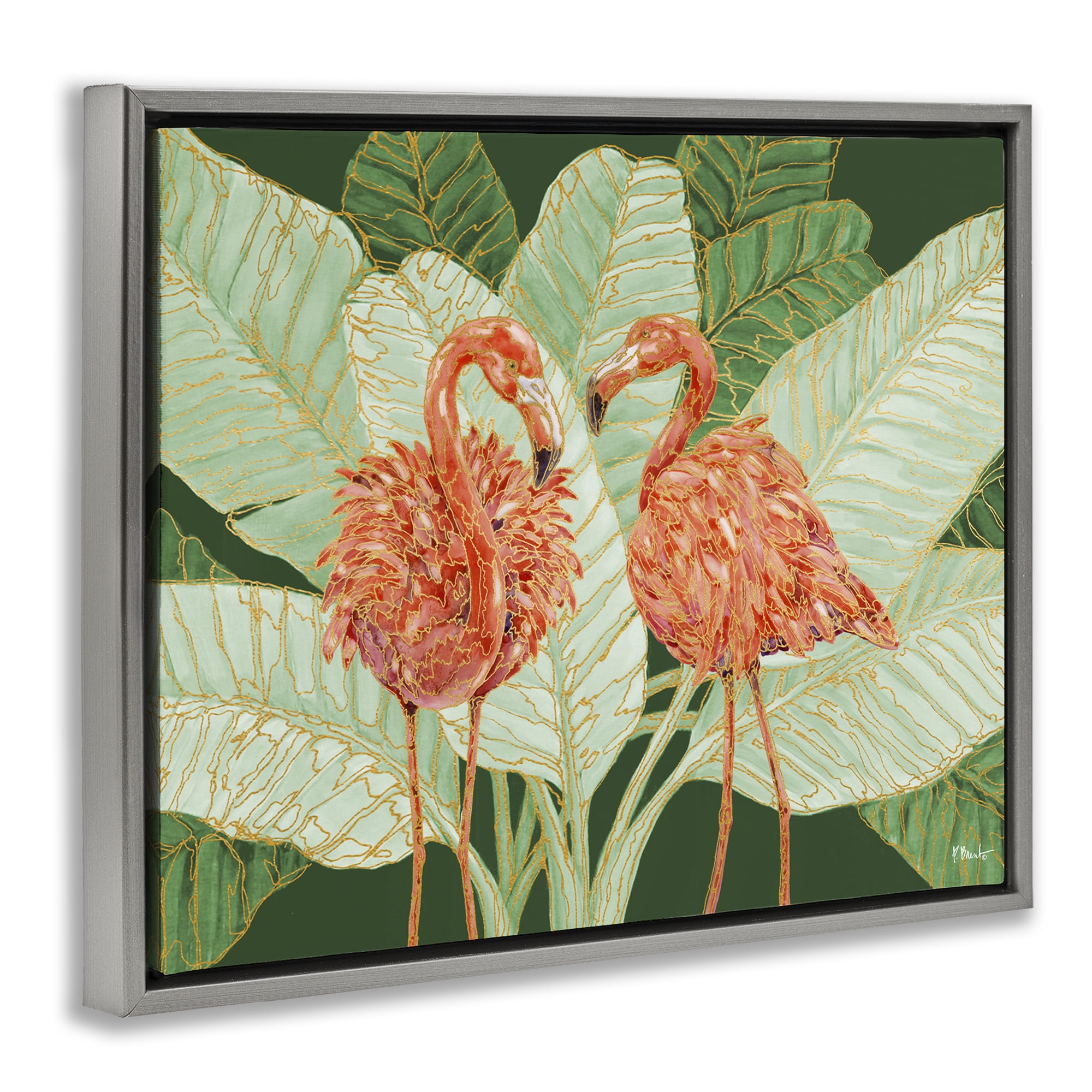 Stupell Industries Martinique Flamingos & Leaves Animals & Insects Painting Gray Floater Framed Canvas Art Print Wall Art, 21 x 17