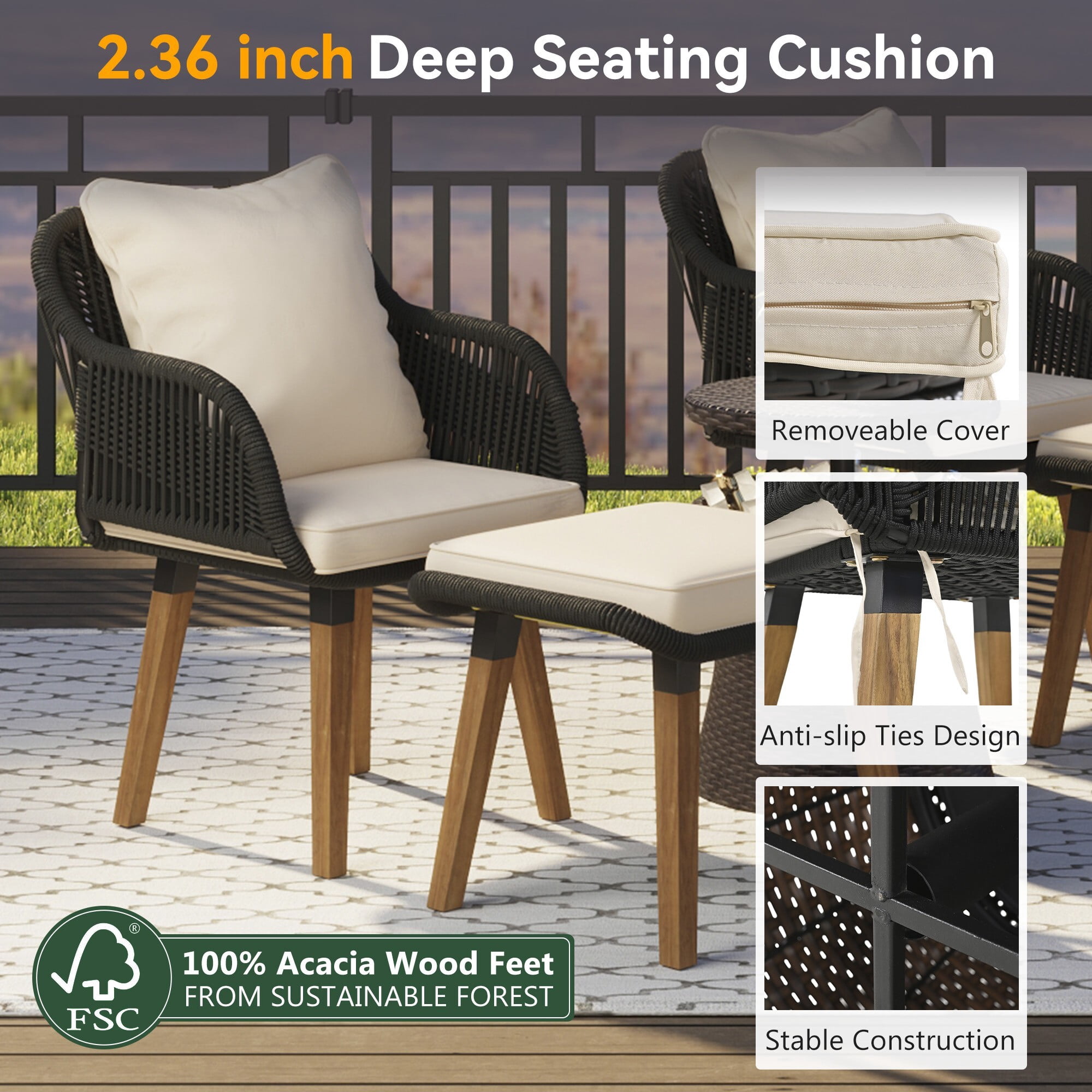 AENKYO 5-Piece Outdoor Rope Woven Patio Conversation Set with Pop-Up Cooler Bar Table, Black Rope with Off-White Cushions